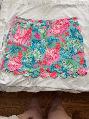 Floral Scallop-Hem Skort in Aqua and Pink